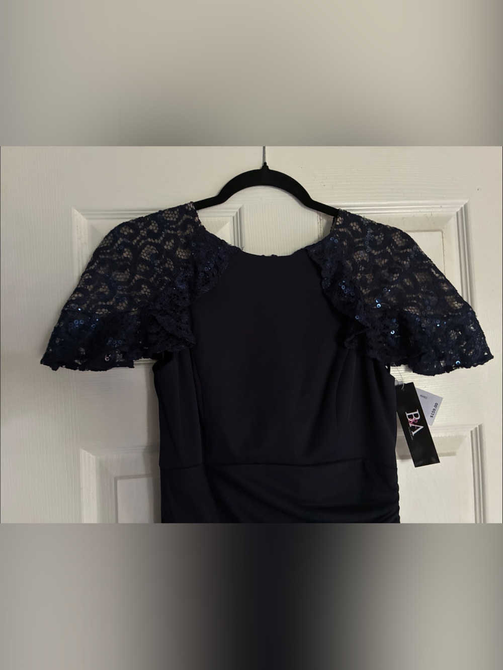 Betsy & Adam Navy Lace-Shoulder Evening Gown - Picture 9 of 10